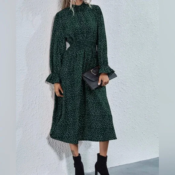 Green & White Long Sleeve High Neck Polka Dot Dress Size Large - Picture 3 of 12
